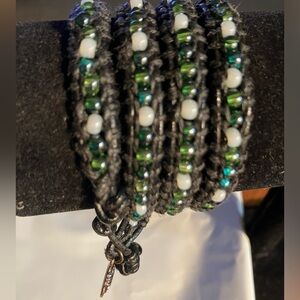 Wraparound Bohemian leather/glass bead bracelet. Handcrafted 30” w/bronze closer